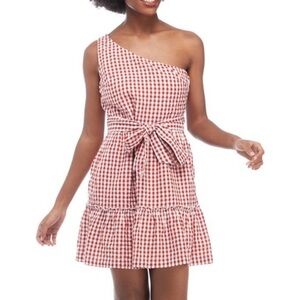 crown & ivy One-Shoulder Red Gingham Tie-Waist Mini Dress